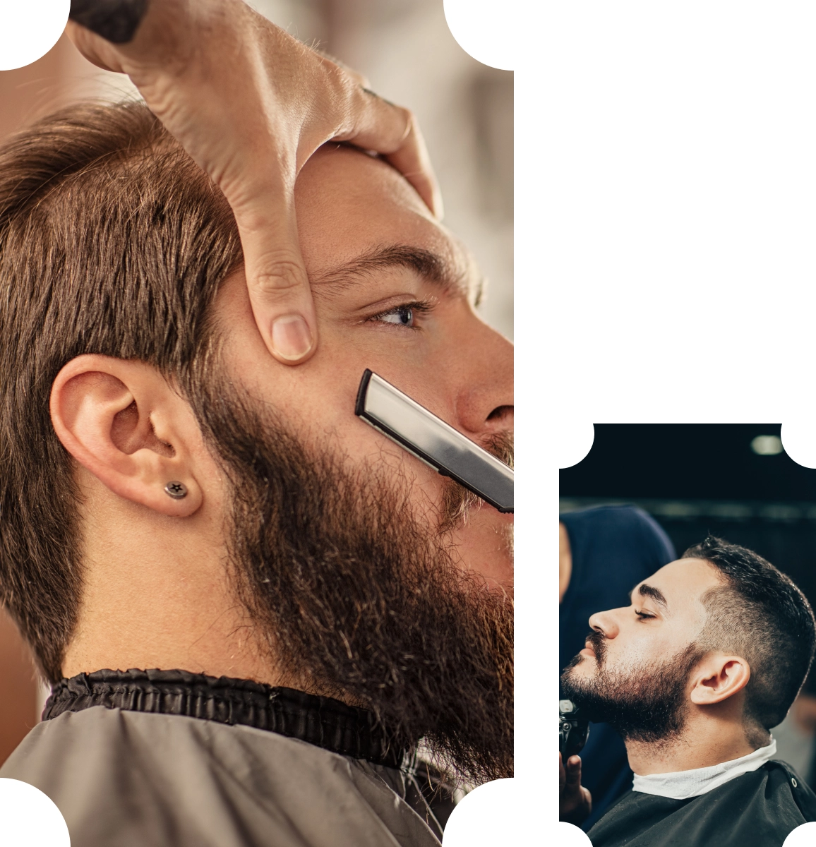 A man getting his beard trimmed and the side of his face cut.