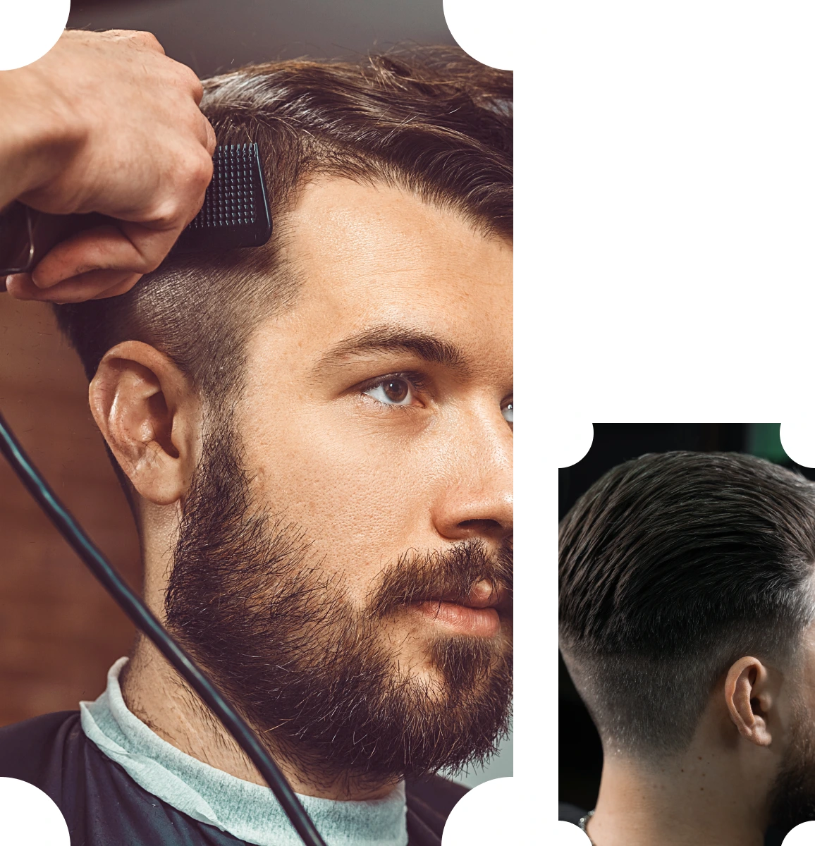 A man with a beard and mustache getting his hair cut